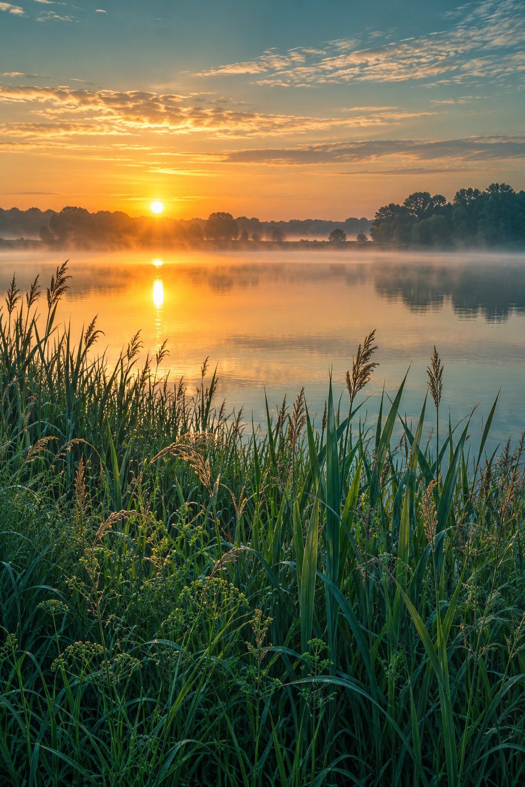 Roseaux au bord d’un lac au lever du soleil, eau calme et brume légère
