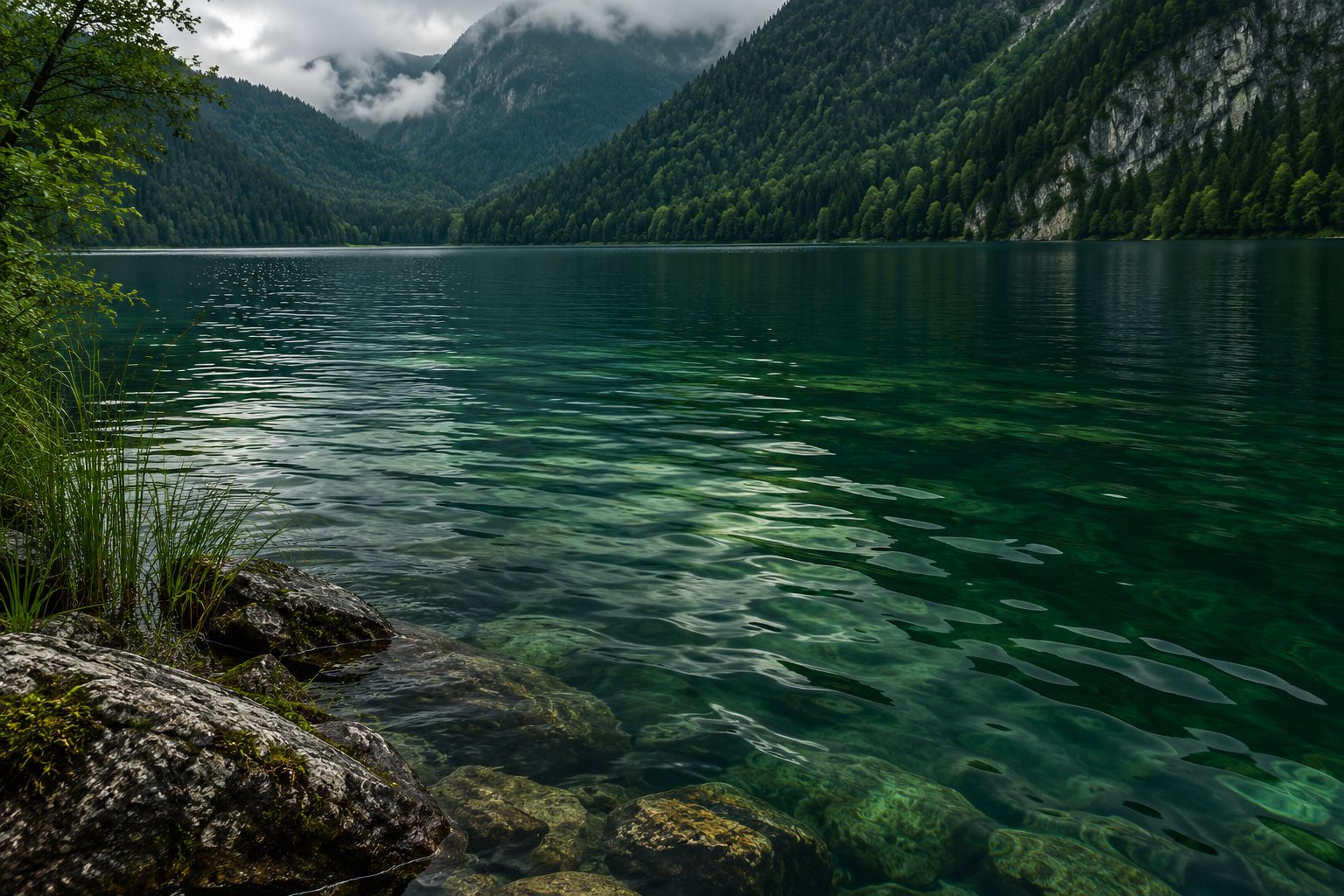 Eau sombre et profonde d’un lac vue depuis la rive