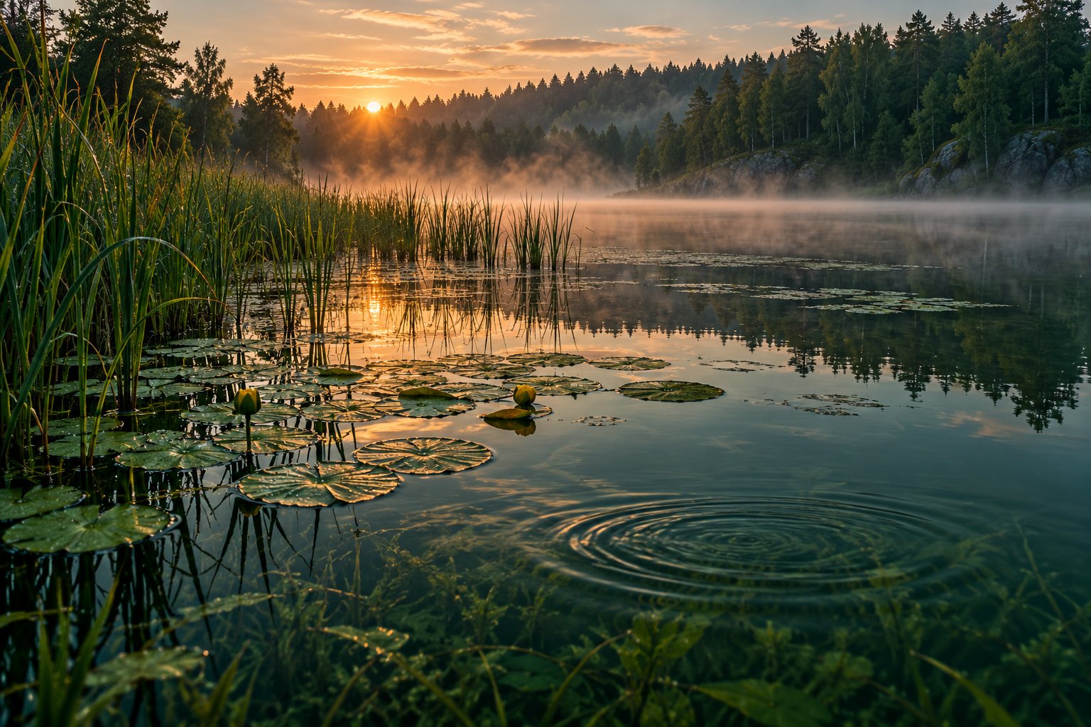 Eau calme d’un étang bordé de roseaux dans la lumière du matin