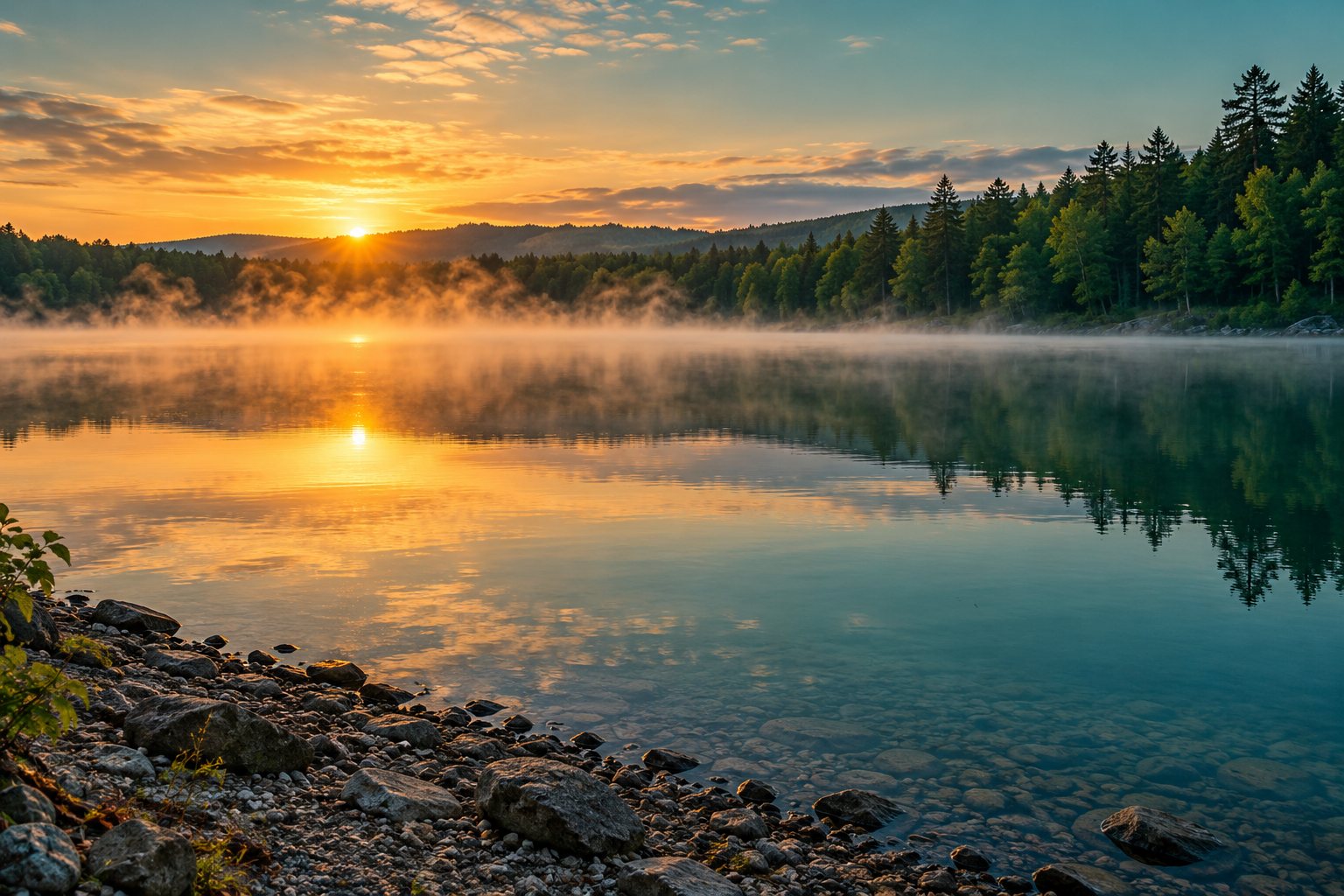 Grand plan d’eau calme au lever du jour, rives boisées dans la brume
