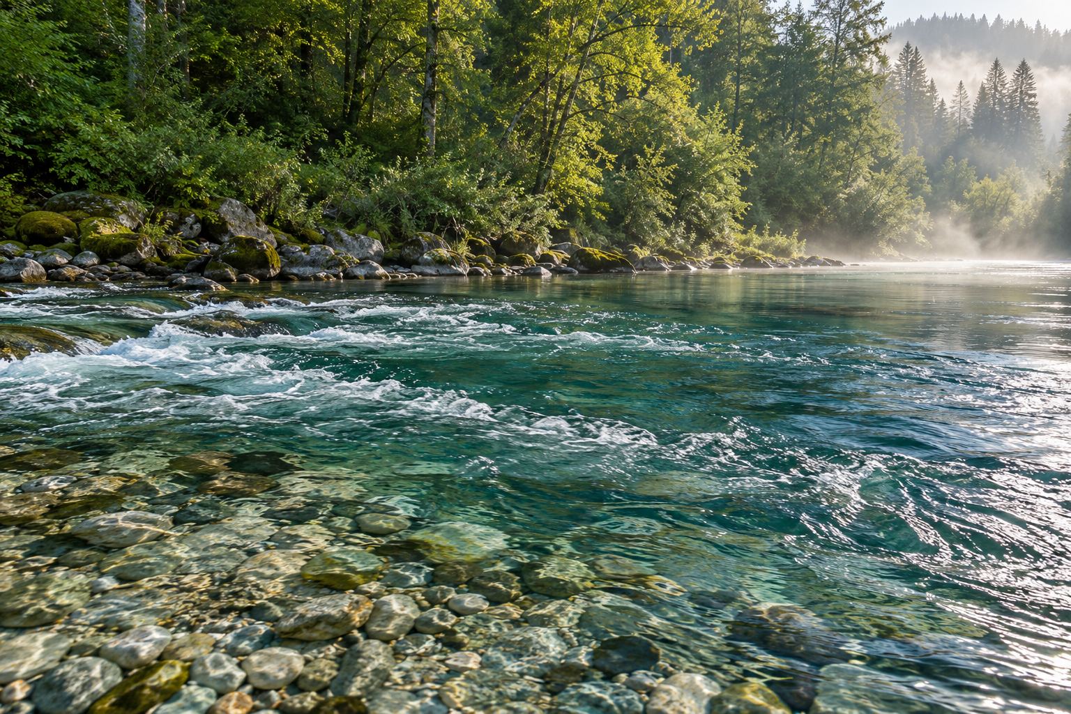 Rivière claire au courant vif sur des galets, berge boisée